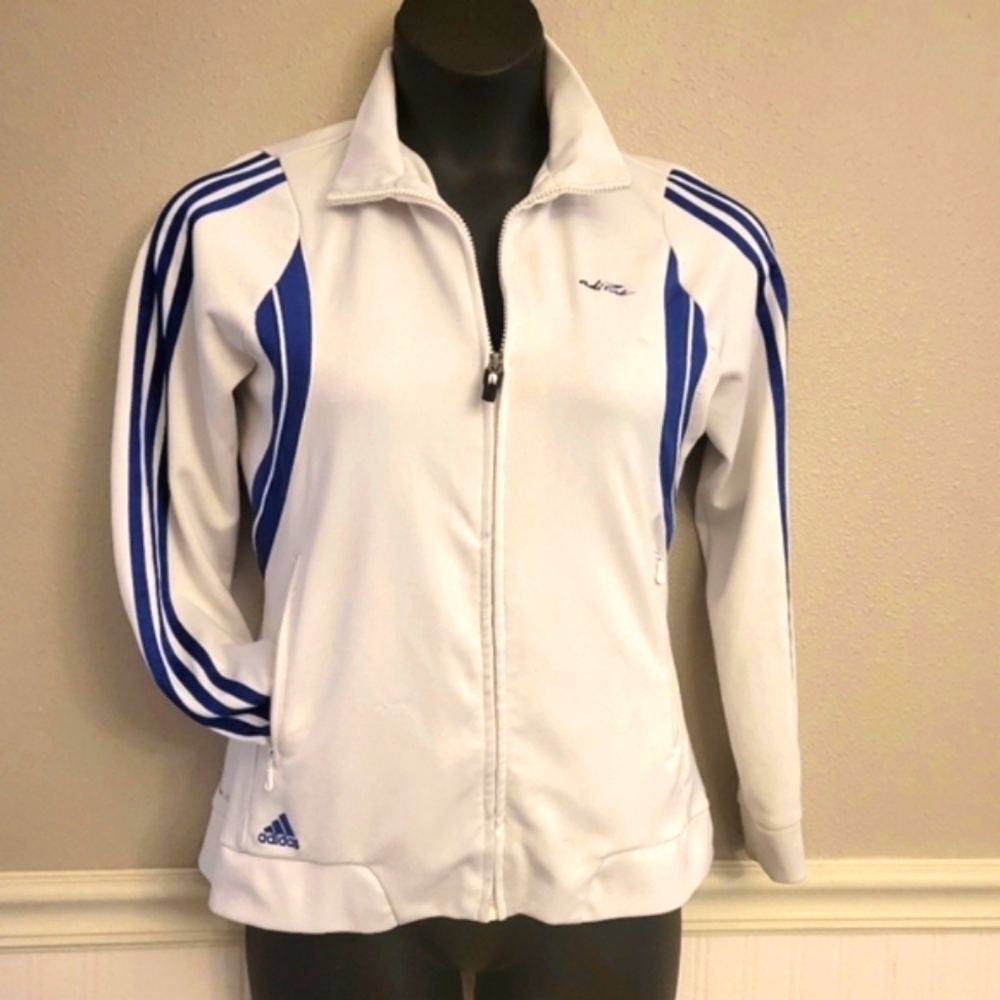 White Adidas Track Jacket Vintage Zip Sweatshirt Royal Blue Stripes Clima365 L